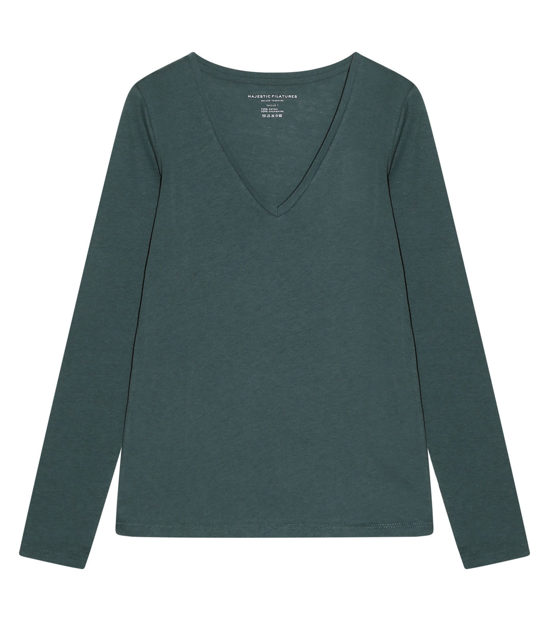 Majestic Filatures Baumwoll-Kaschmir Shirt V-Ausschnitt Langarm