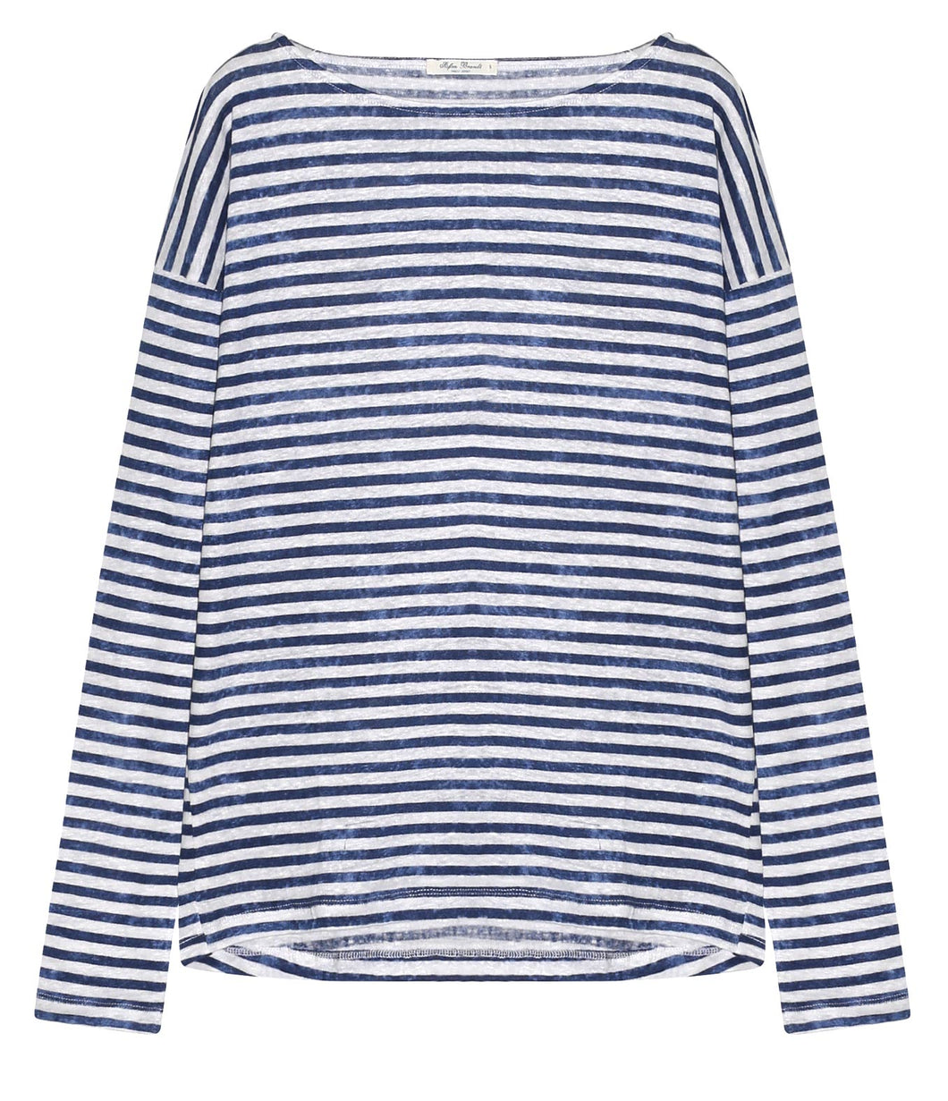 Stefan Brandt Linen Shirt Alessa Stripes U-Boot Neckline Long Sleeve