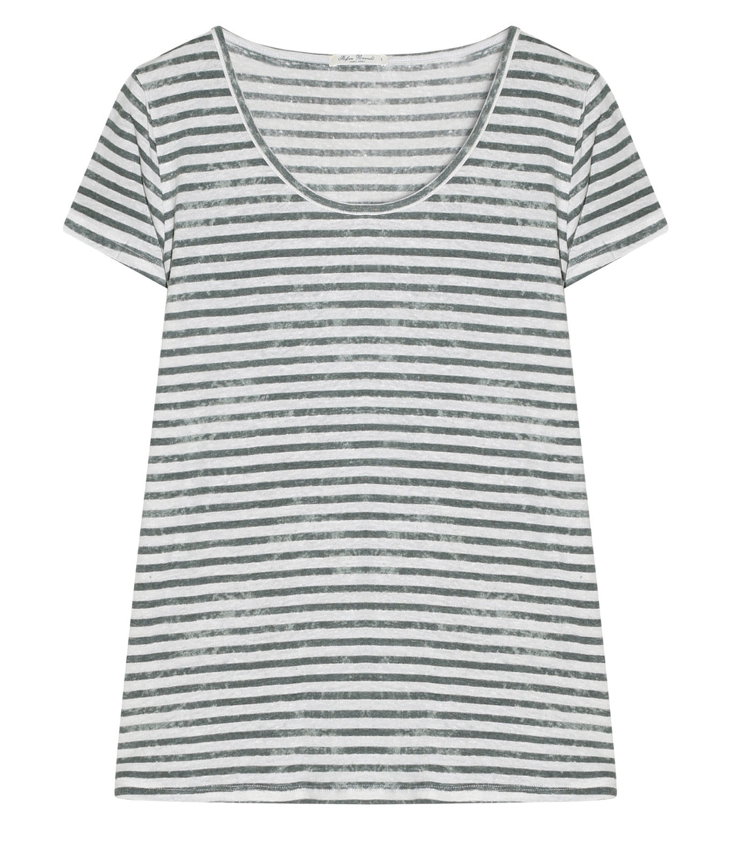 Stefan Brandt Linen Shirt Sienna Stripes Round Neck Short Sleeve